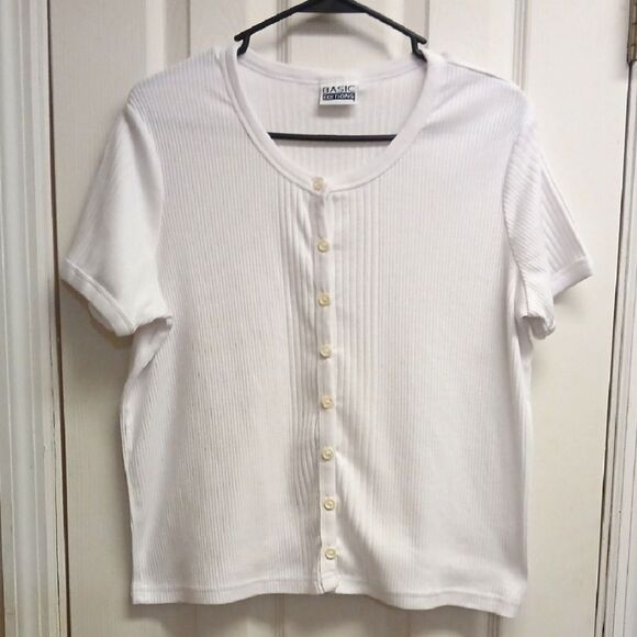 Basic Editions White Button-Up Short Sleeve Mid Cropped Short Sleeve Sweater XL - Picture 1 of 7